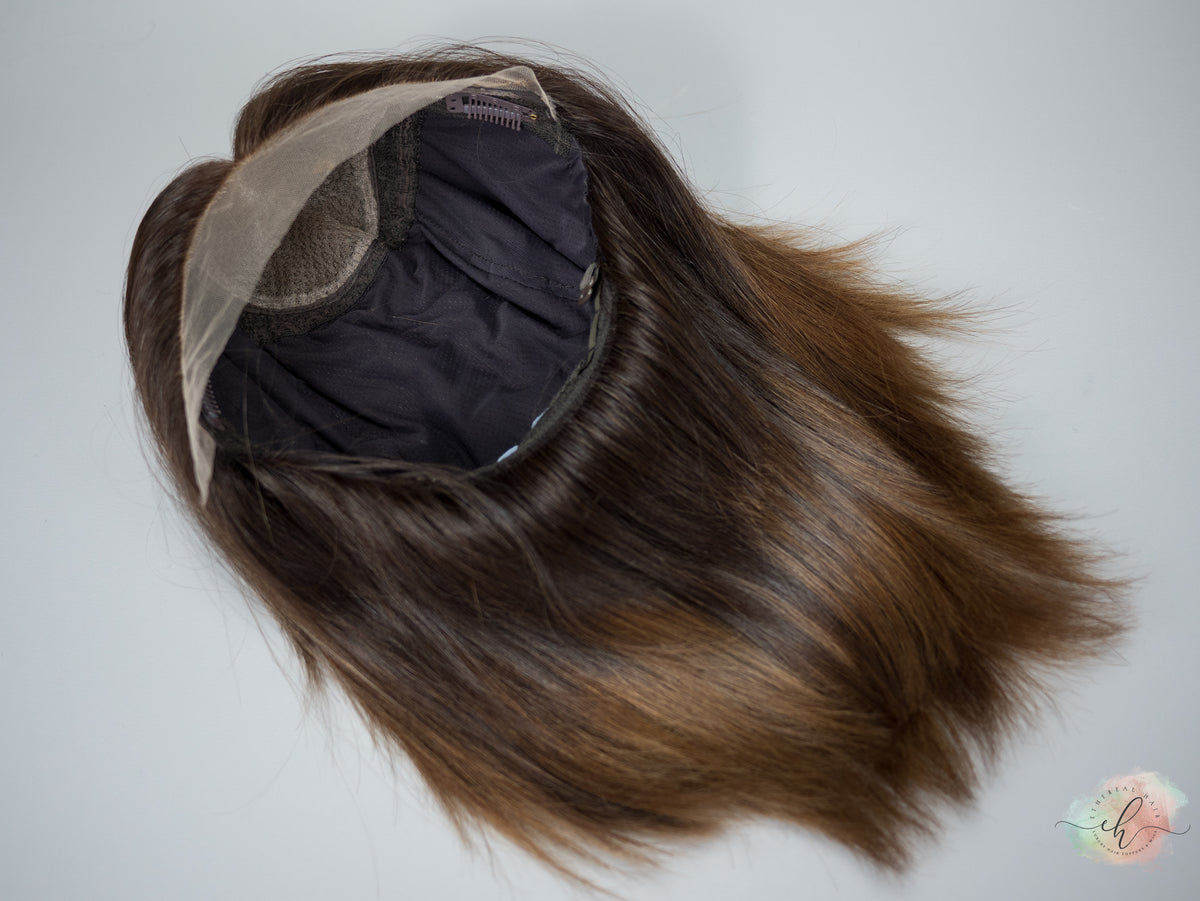 “BROWN SUGAR&quot; Exquisite Wig: Lace Top, Fully Handtied, Sz. S/M, 15&quot; Long Bob